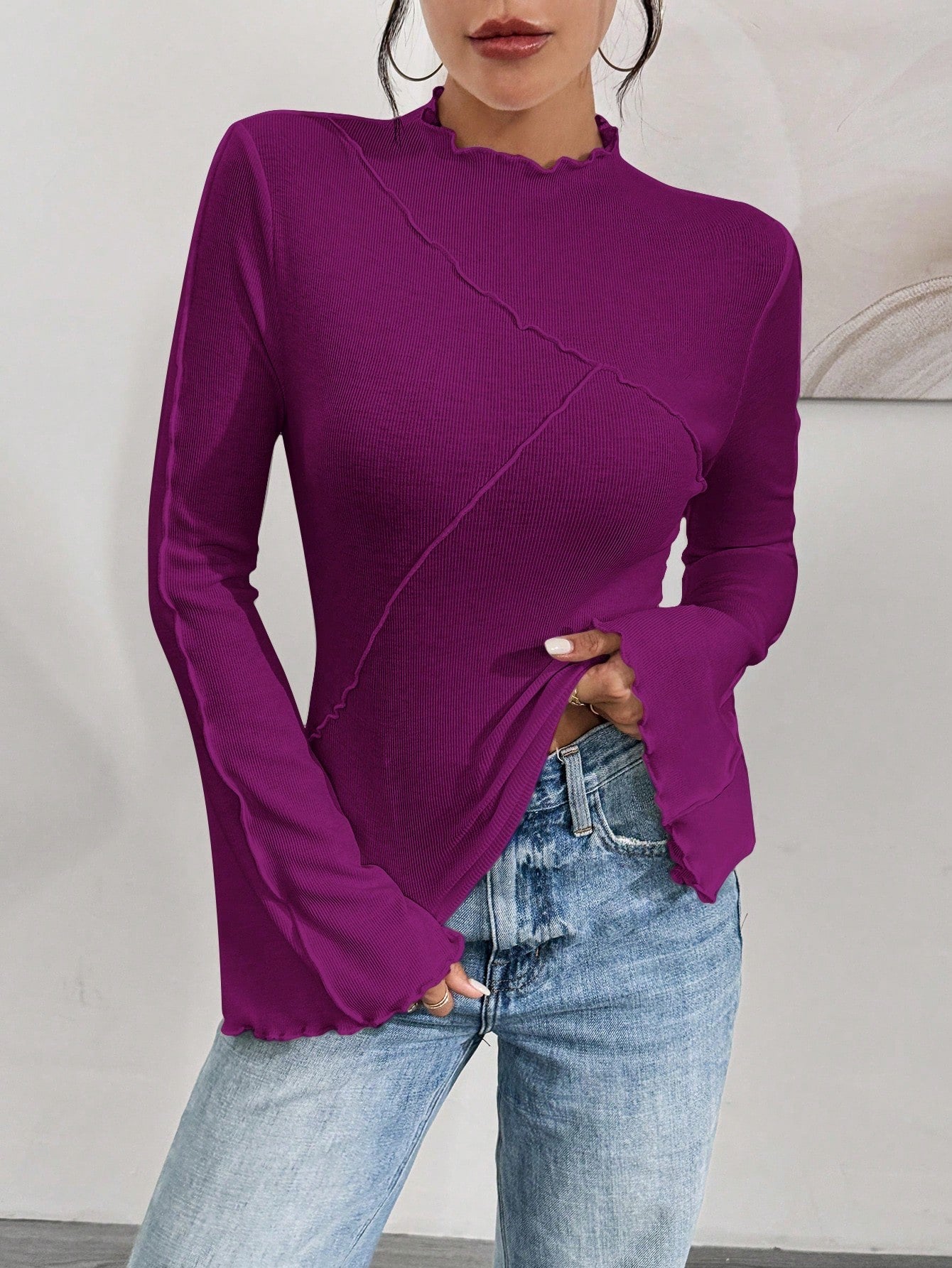 Ruffle Collar Rib-Knit Top