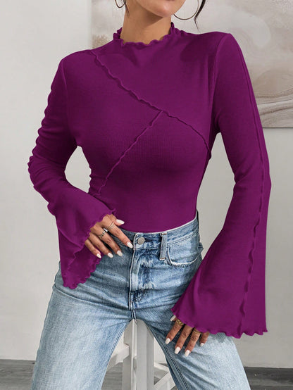 Ruffle Collar Rib-Knit Top
