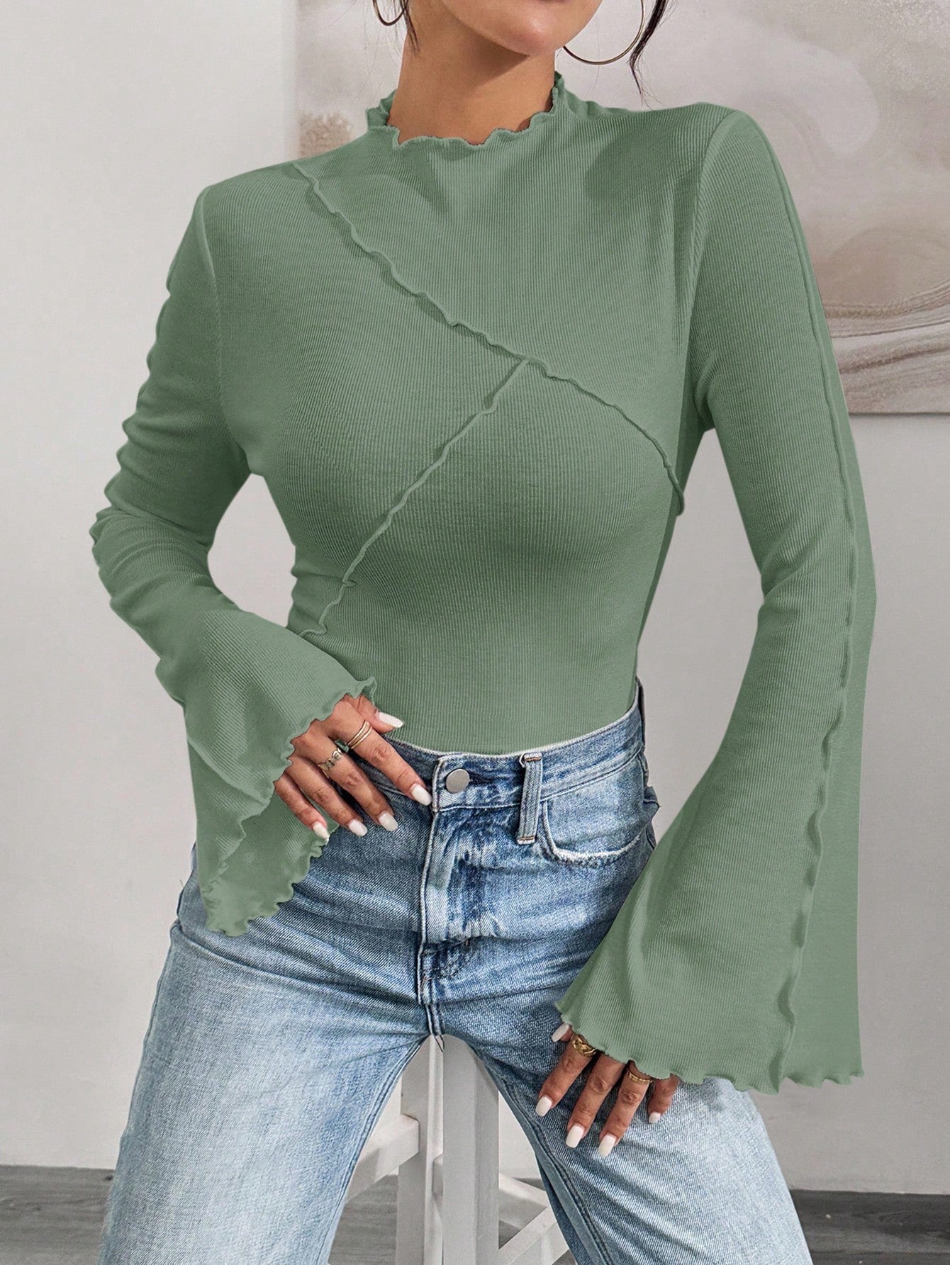 Ruffle Collar Rib-Knit Top