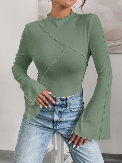 Ruffle Collar Rib-Knit Top