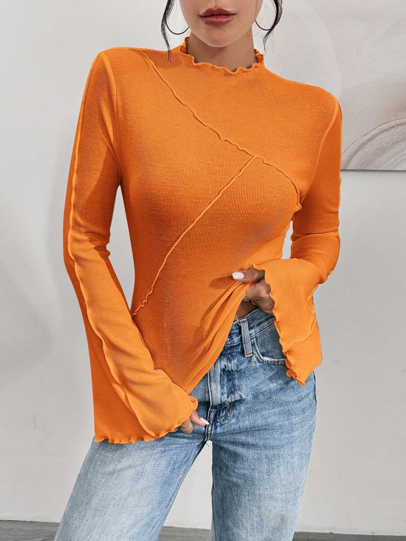 Ruffle Collar Rib-Knit Top