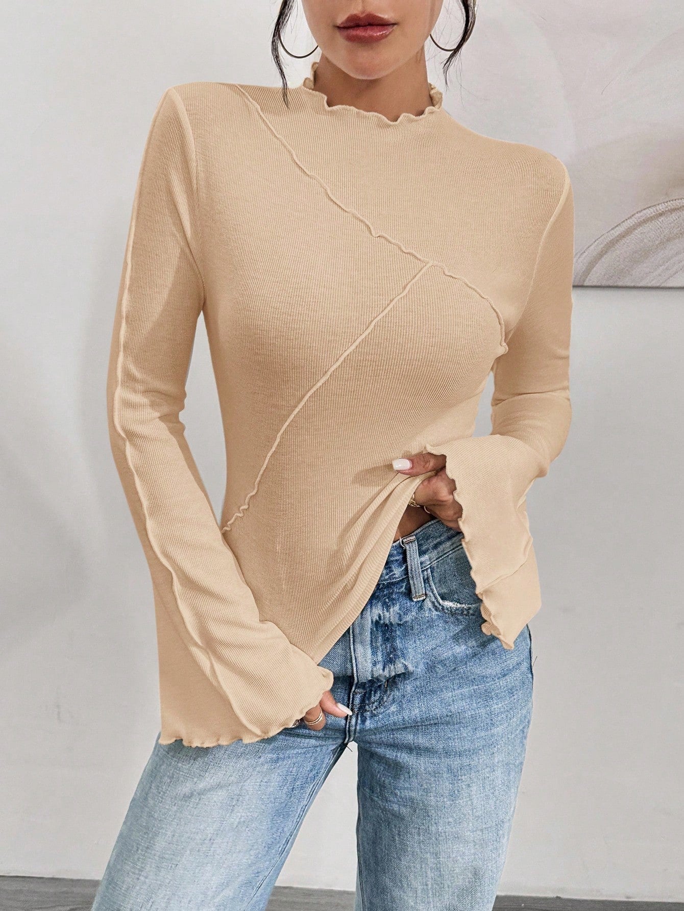 Ruffle Collar Rib-Knit Top