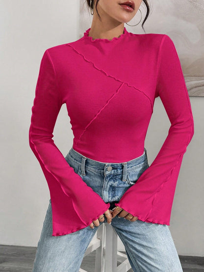 Ruffle Collar Rib-Knit Top