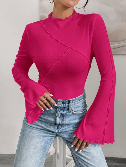 Ruffle Collar Rib-Knit Top