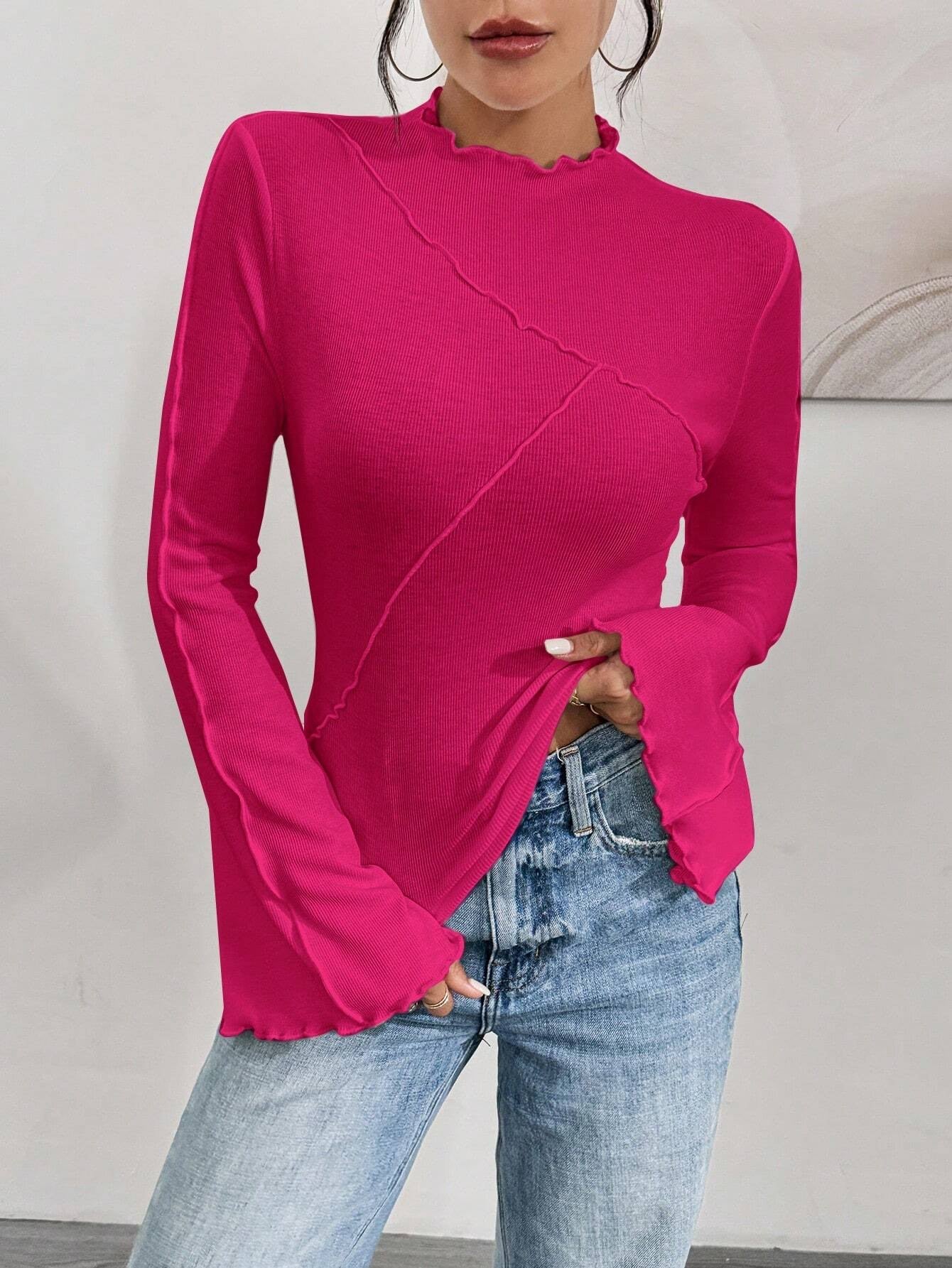 Ruffle Collar Rib-Knit Top