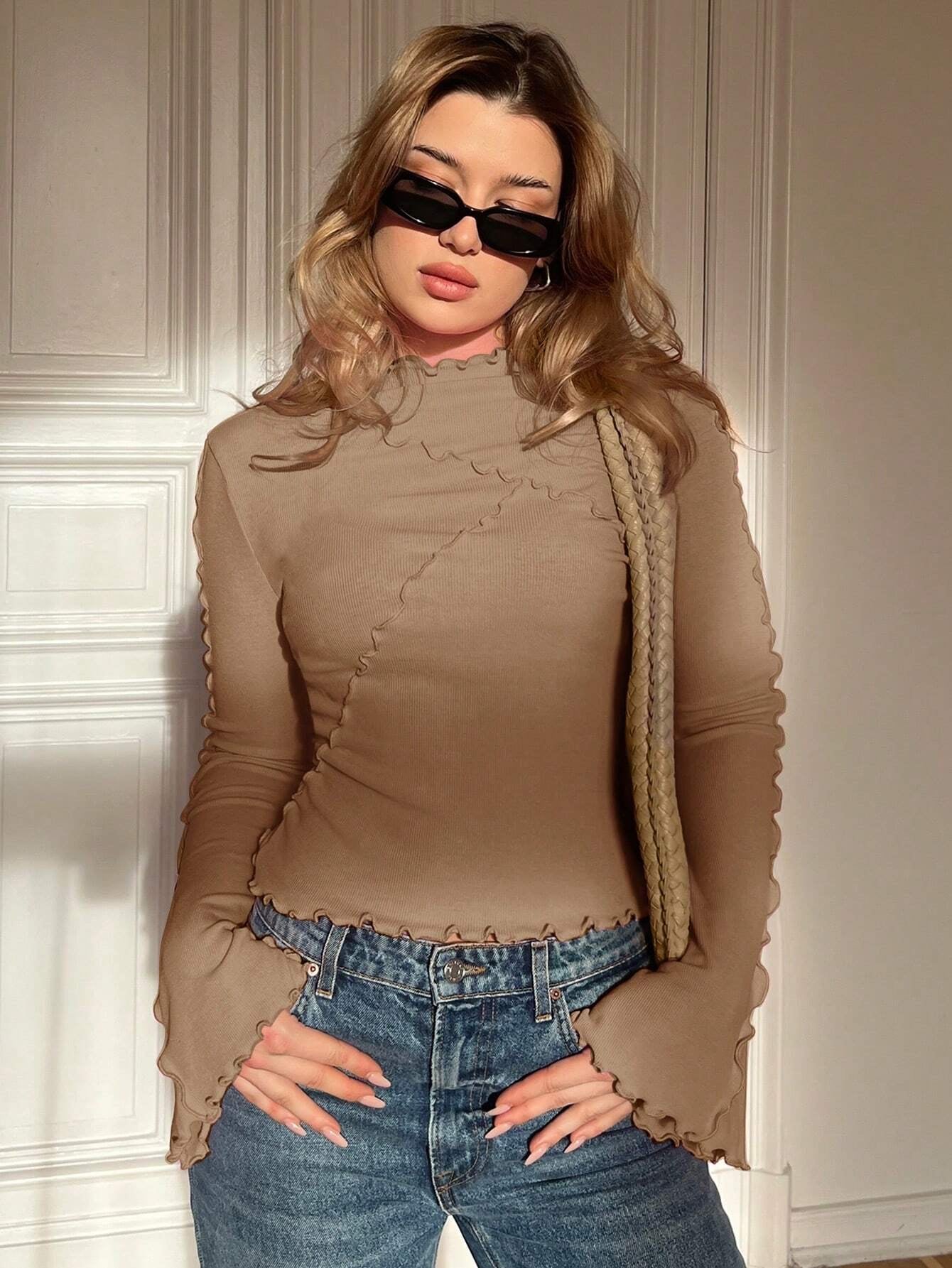 Ruffle Collar Rib-Knit Top