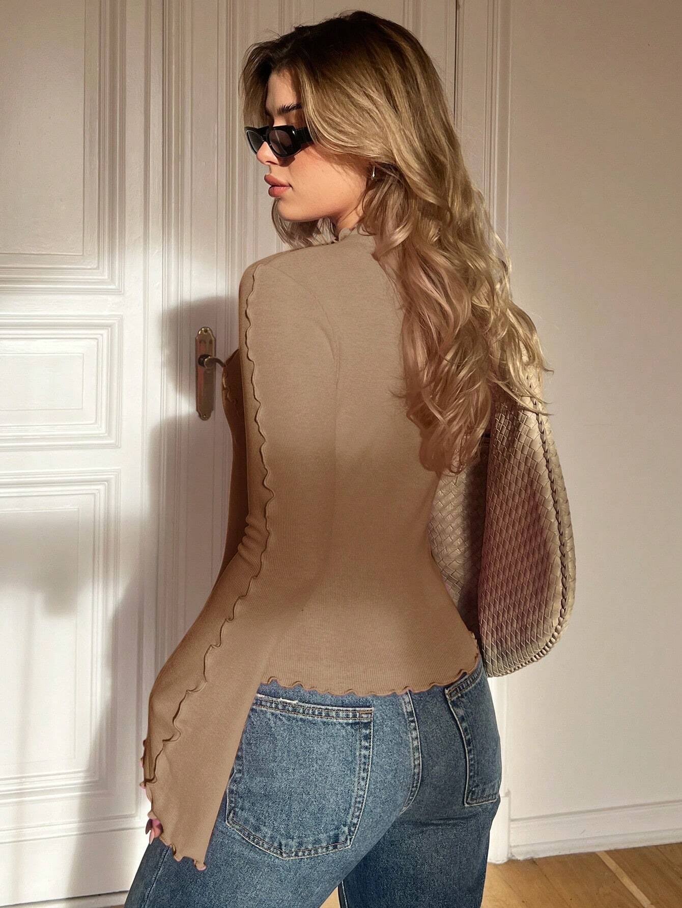 Ruffle Collar Rib-Knit Top