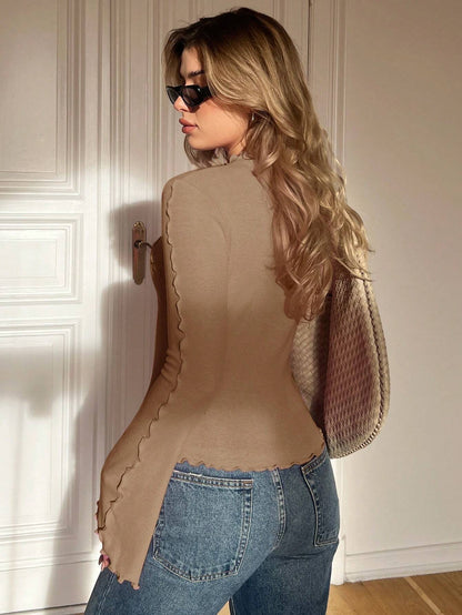 Ruffle Collar Rib-Knit Top