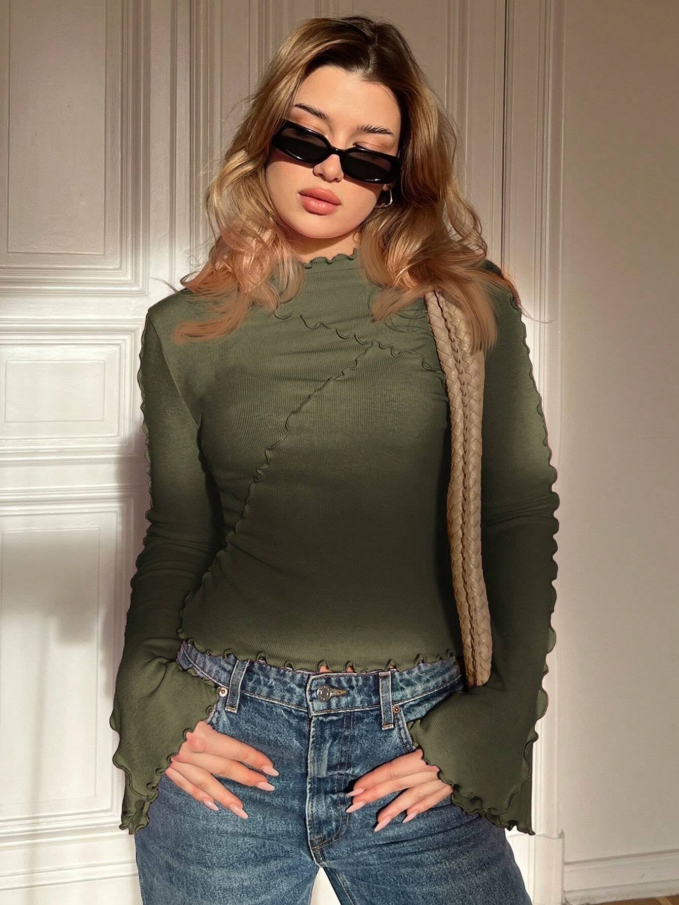 Ruffle Collar Rib-Knit Top