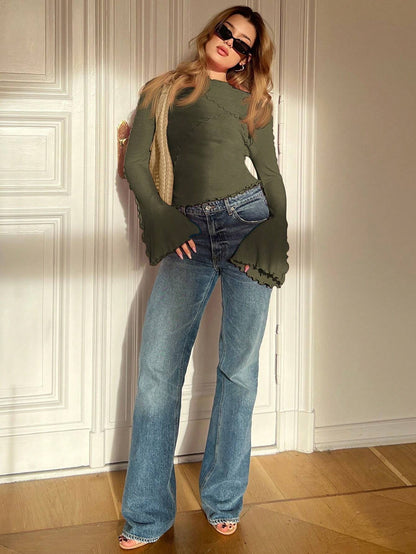 Ruffle Collar Rib-Knit Top