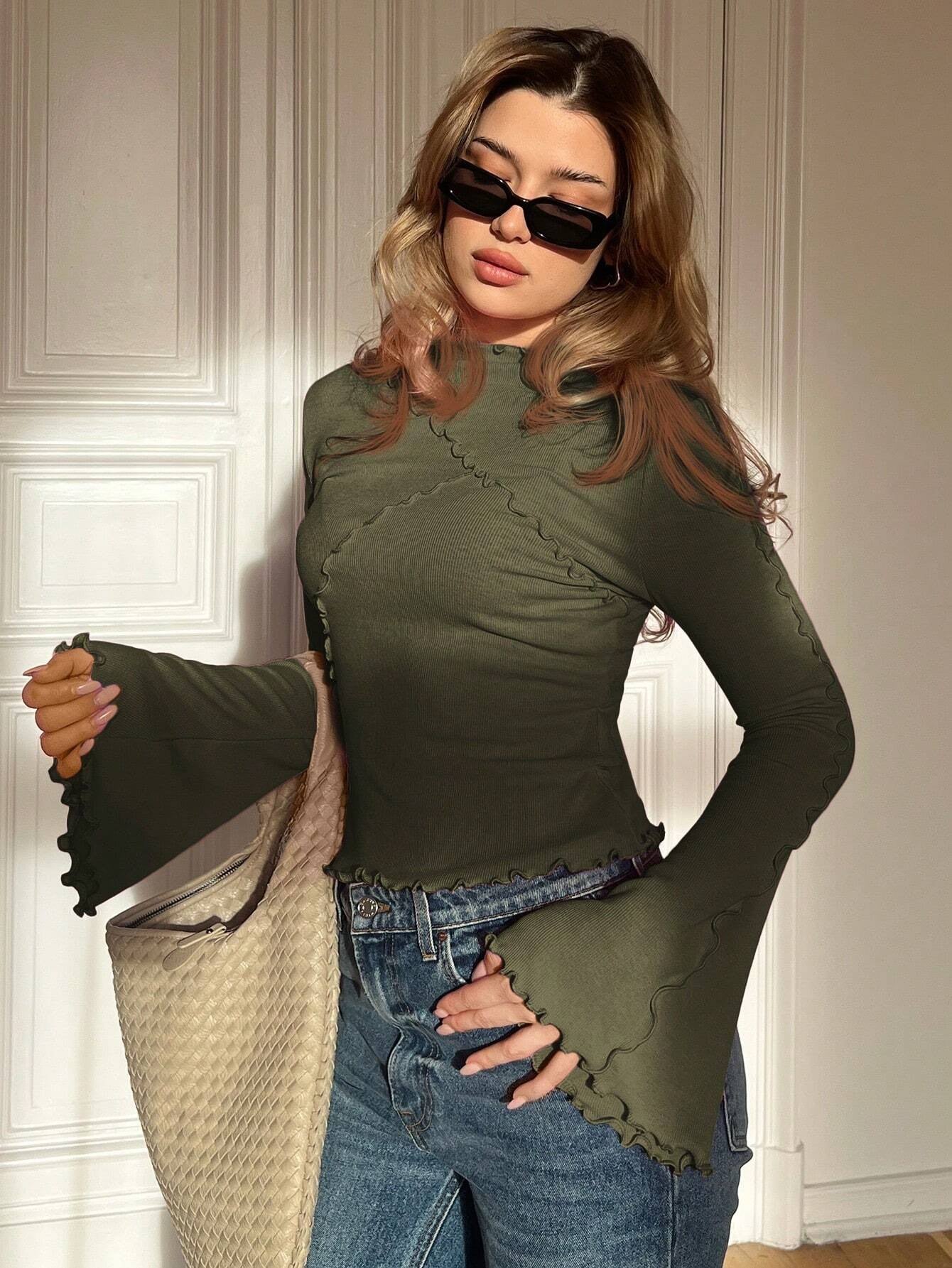Ruffle Collar Rib-Knit Top