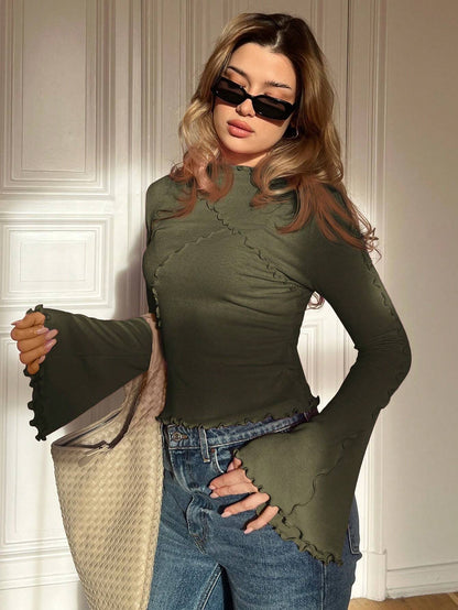 Ruffle Collar Rib-Knit Top
