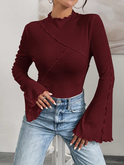 Ruffle Collar Rib-Knit Top