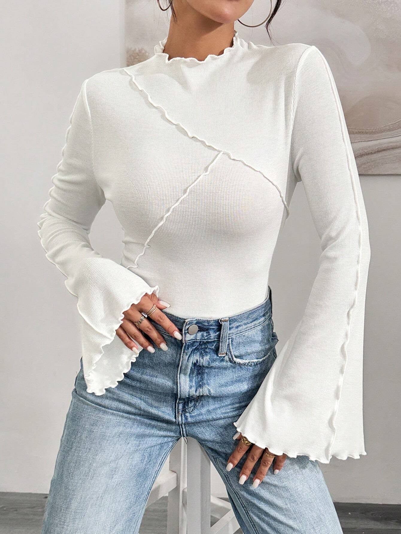 Ruffle Collar Rib-Knit Top