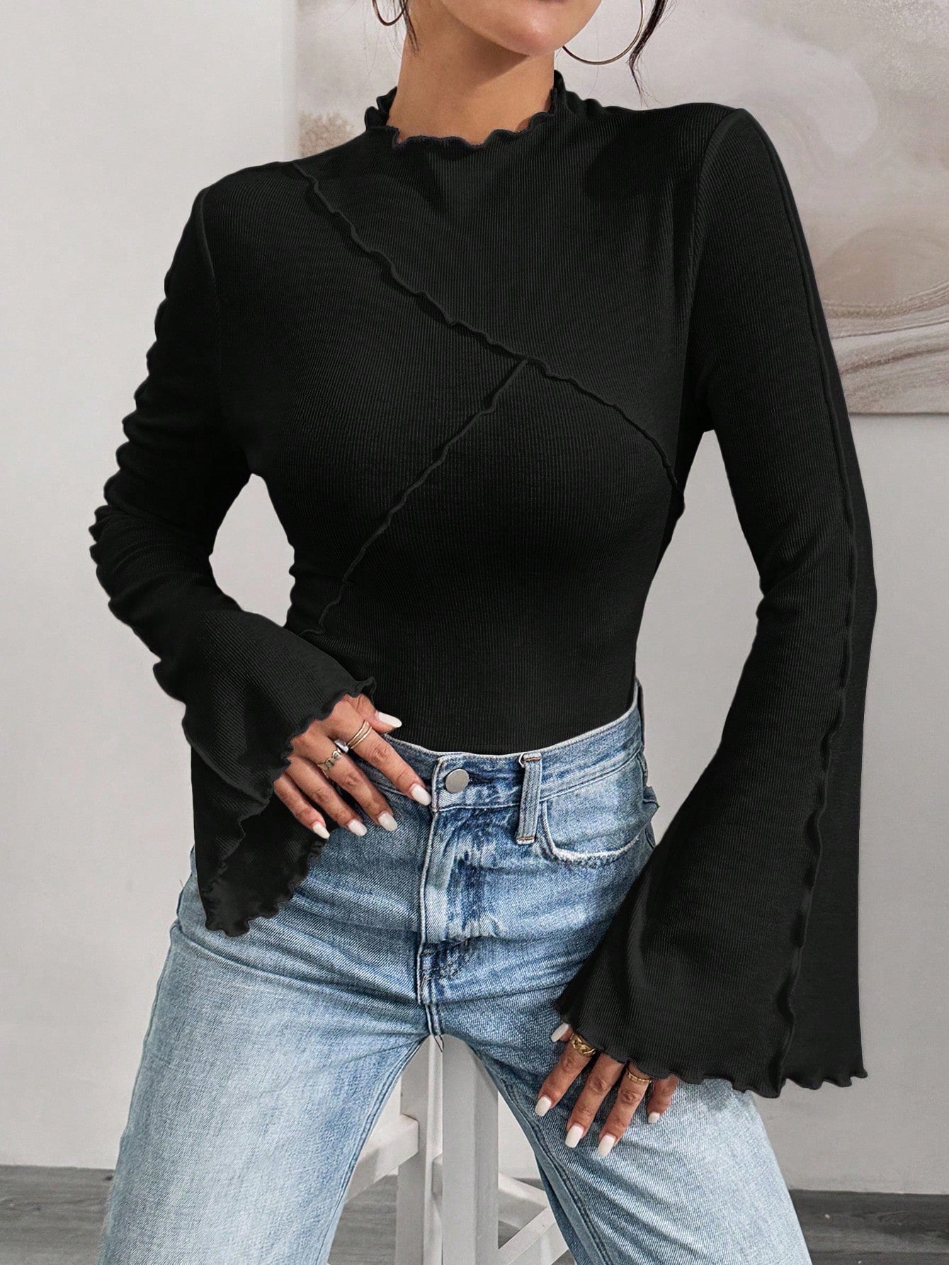 Ruffle Collar Rib-Knit Top