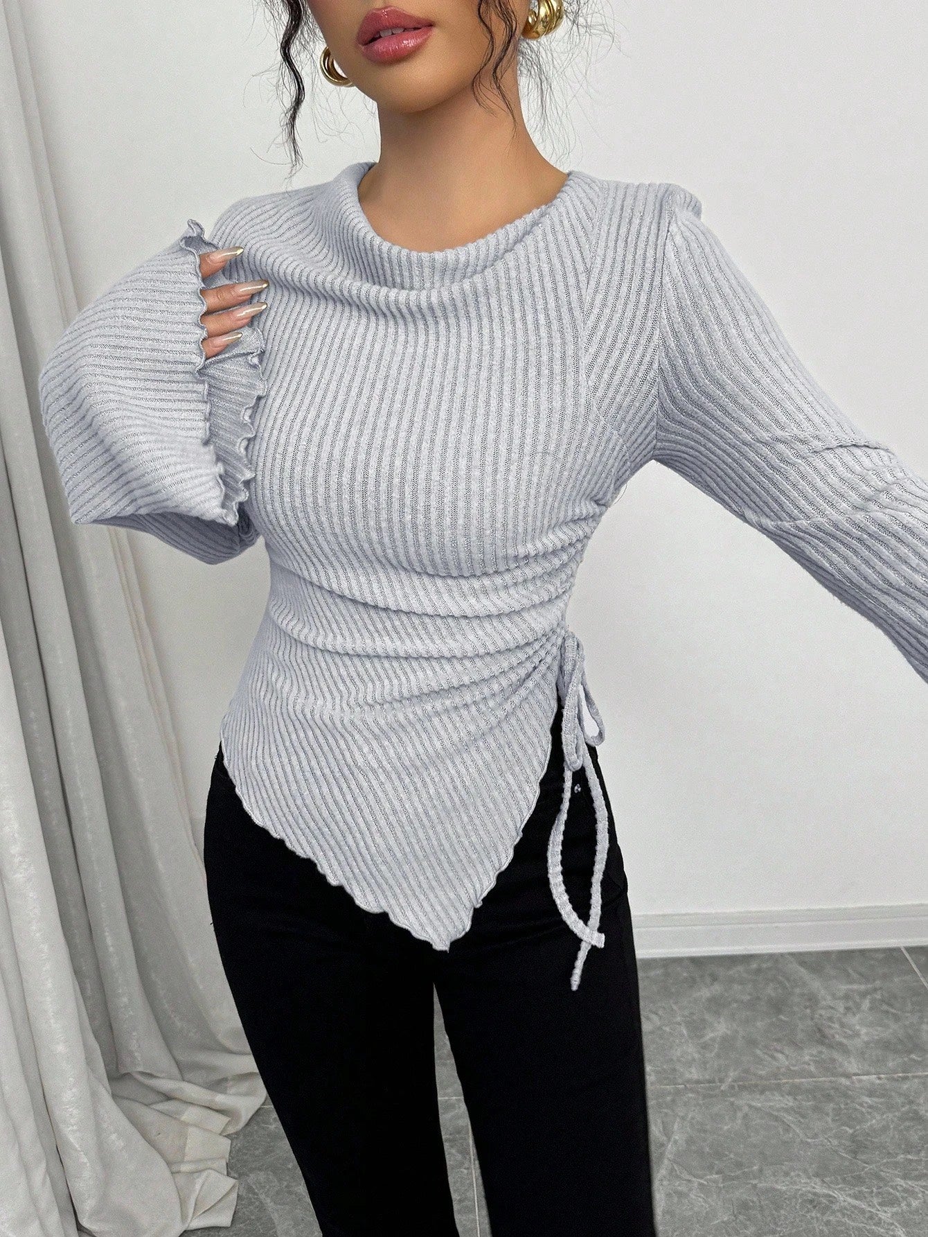 Cowl Neck Ribbed T-Shirt