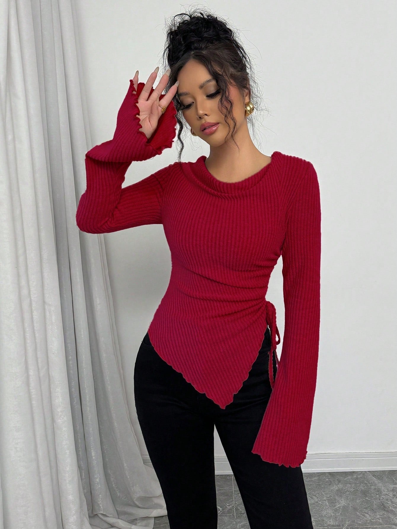 Cowl Neck Ribbed T-Shirt