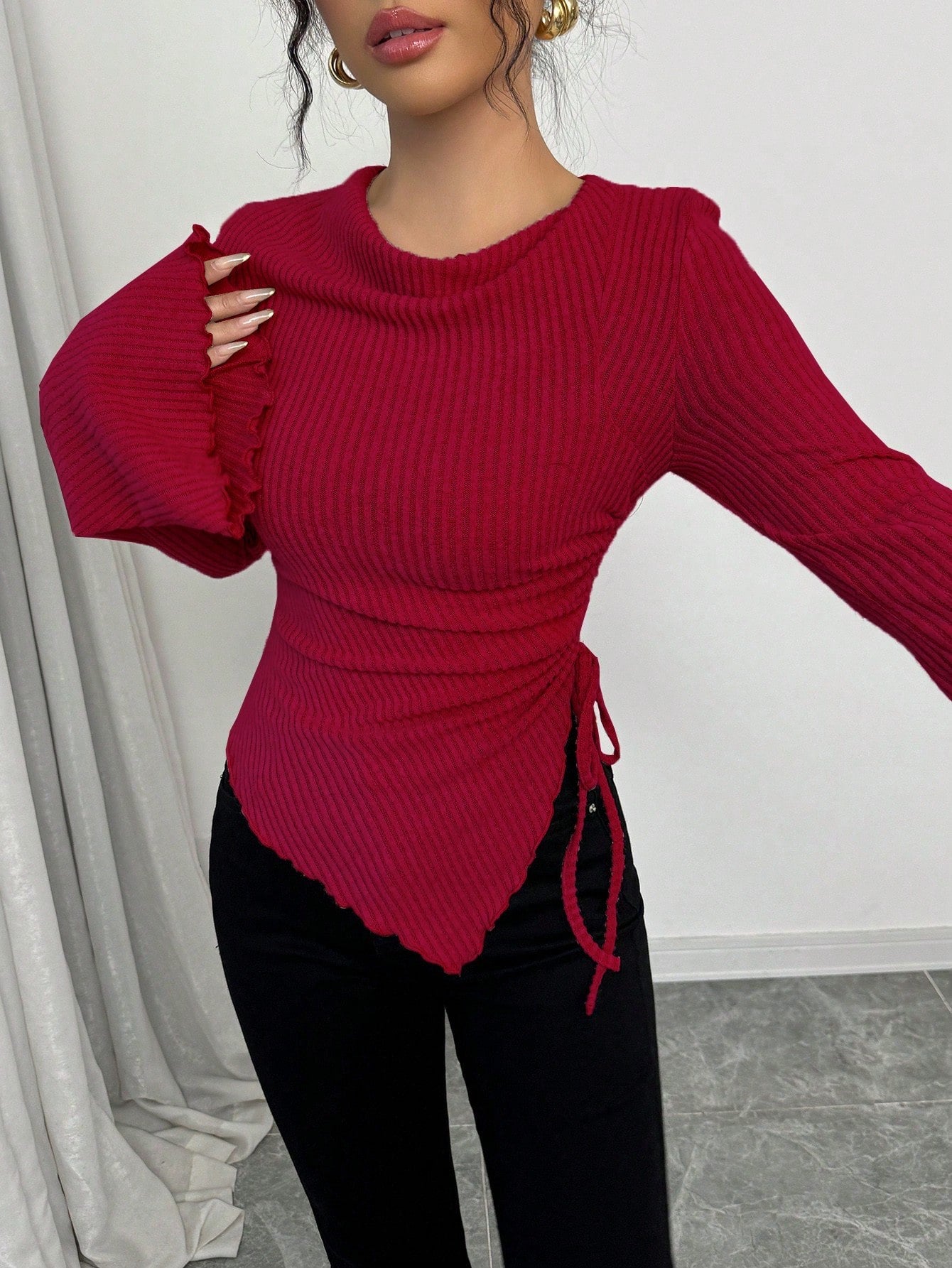 Cowl Neck Ribbed T-Shirt