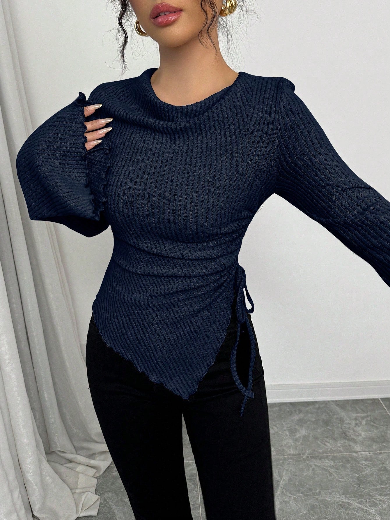 Cowl Neck Ribbed T-Shirt