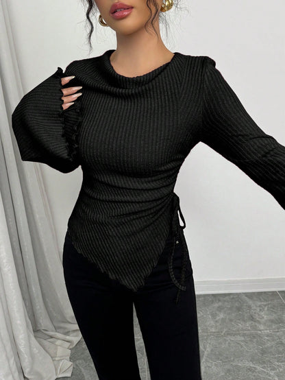 Cowl Neck Ribbed T-Shirt