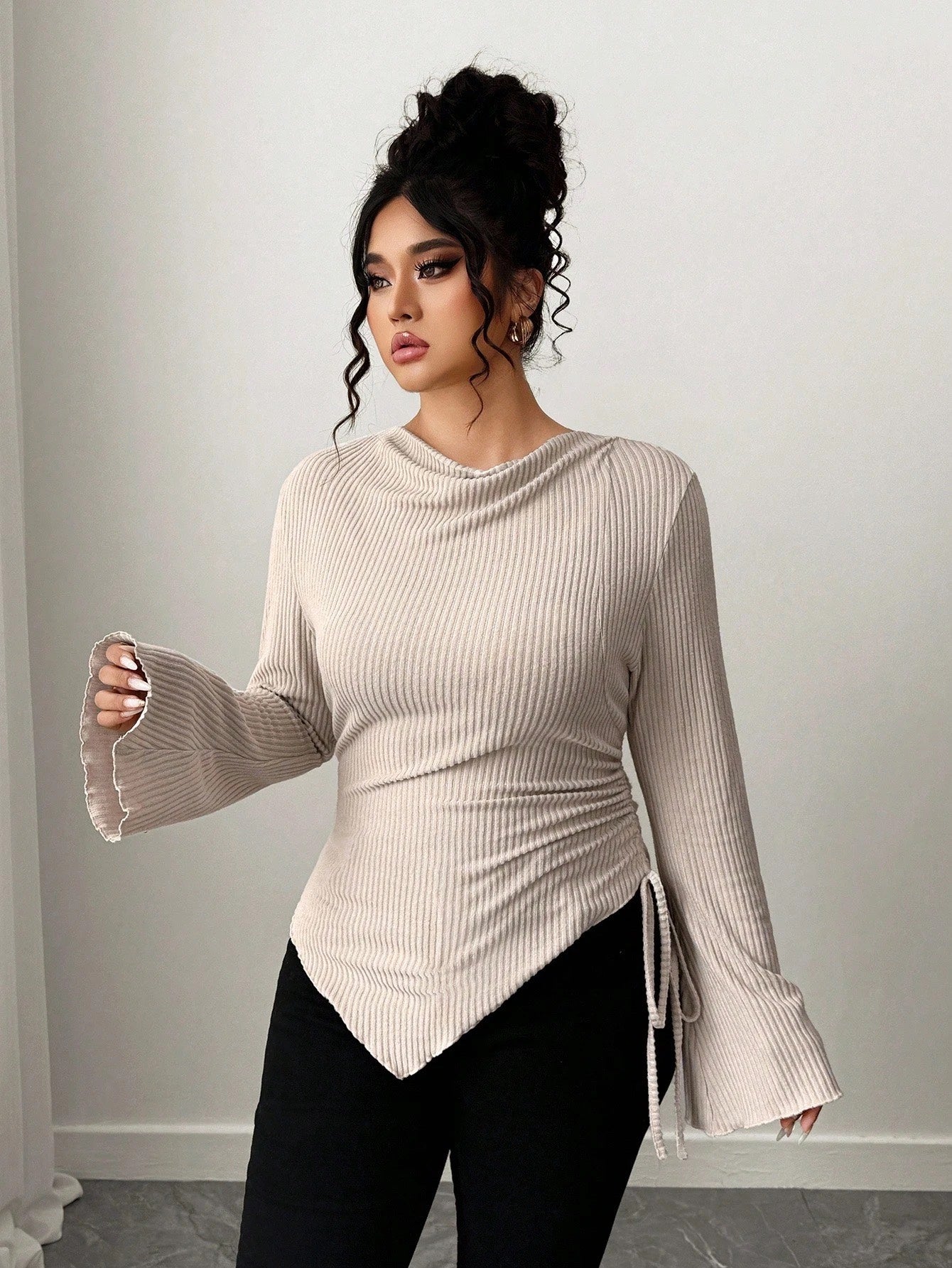 Cowl Neck Ribbed T-Shirt