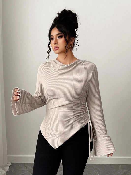 Asymmetrical Hem Drawstring Ribbed Cowl Neck T-Shirt – Slim Fit Flare Sleeve Casual Top