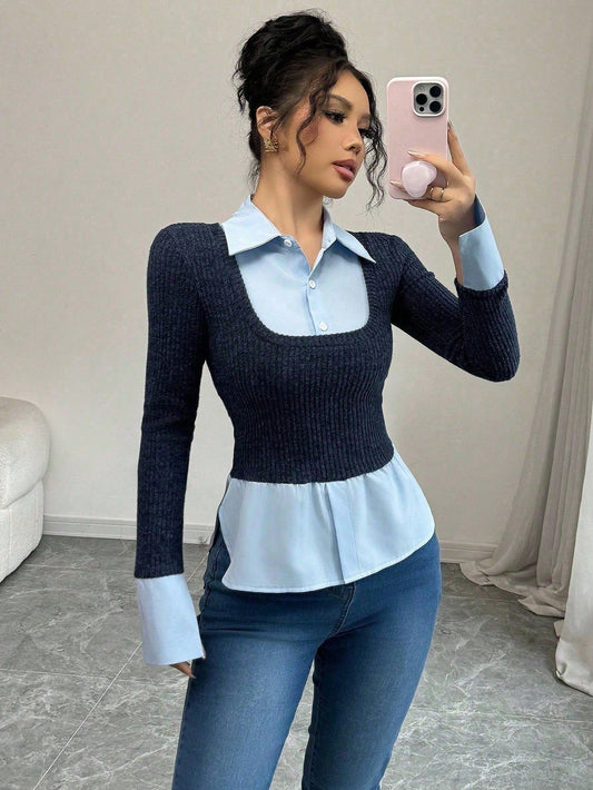 French Style 2-in-1 Contrast Panel Collared T-Shirt – Slim Fit Long Sleeve Casual Chic Top