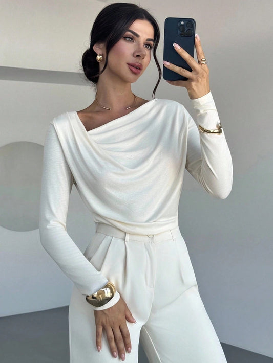 Women’s Asymmetrical Cold-Shoulder Long Sleeve T-Shirt – Sexy Draped Slim Fit Casual & Workwear Top