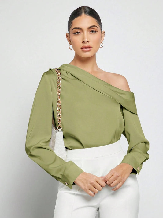 Asymmetric Draped Ruched Satin Blouse – Elegant Loose Fit Long Sleeve Office & Casual Chic Top