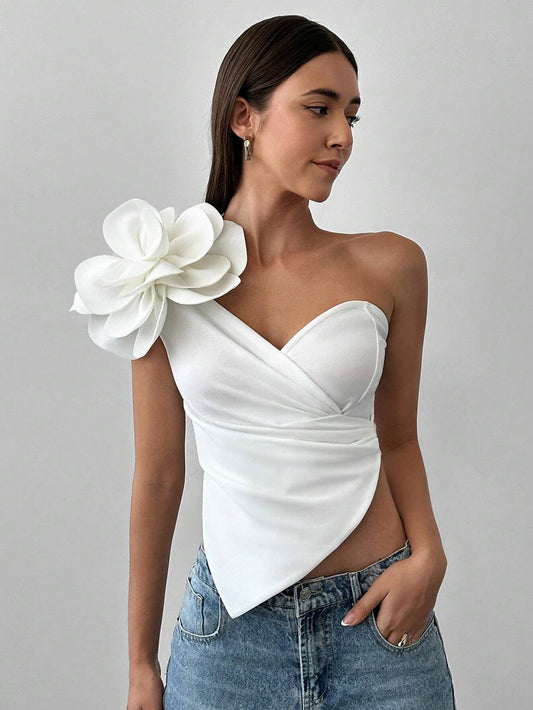 One-Shoulder 3D Floral Top