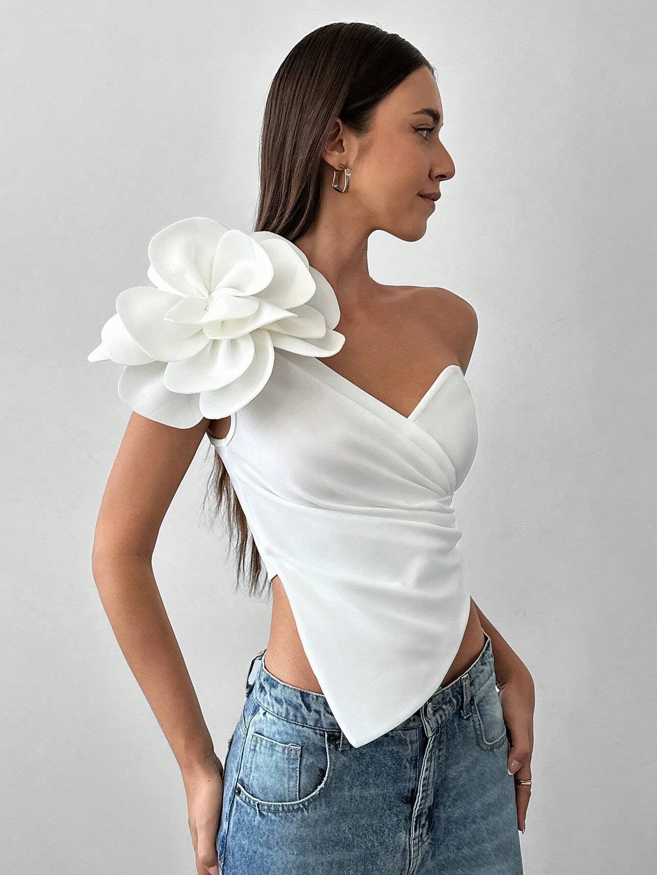 One-Shoulder 3D Floral Top