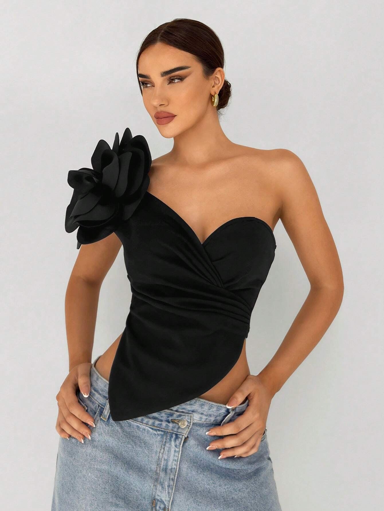 One-Shoulder 3D Floral Top