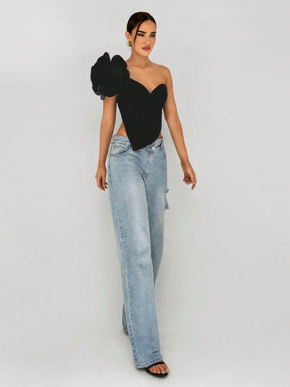 One-Shoulder 3D Floral Top