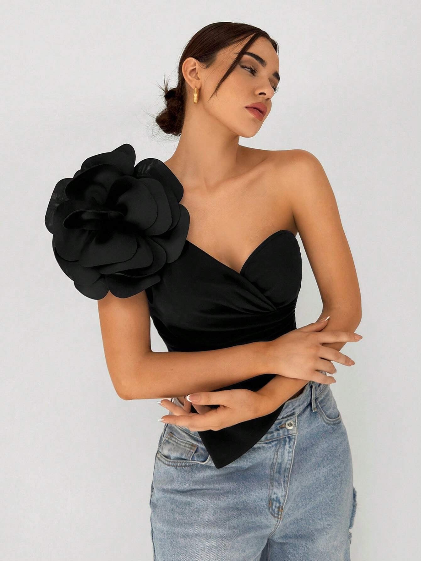 One-Shoulder 3D Floral Top