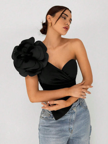One-Shoulder 3D Floral Top