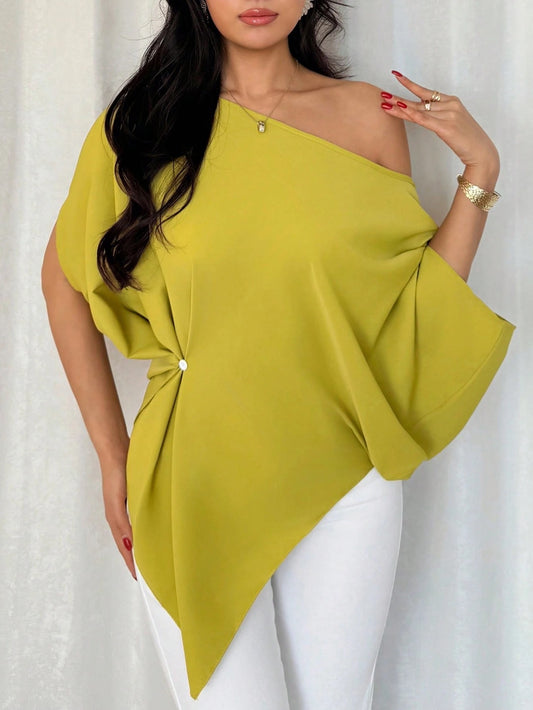 Asymmetrical One-Shoulder Batwing Sleeve Top – Elegant Waist-Pleated Casual Summer Blouse