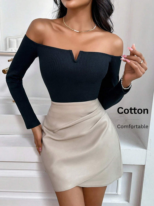 Minimalist Off-Shoulder Rib-Knit Long Sleeve Top | Slim Fit Elegant Everyday Casual T-Shirt