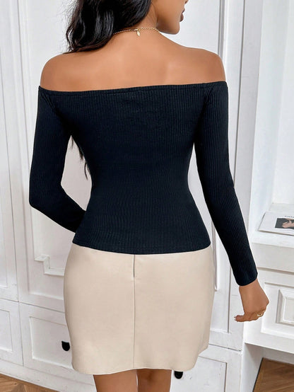Minimalist Off-Shoulder Rib-Knit Long Sleeve Top | Slim Fit Elegant Everyday Casual T-Shirt