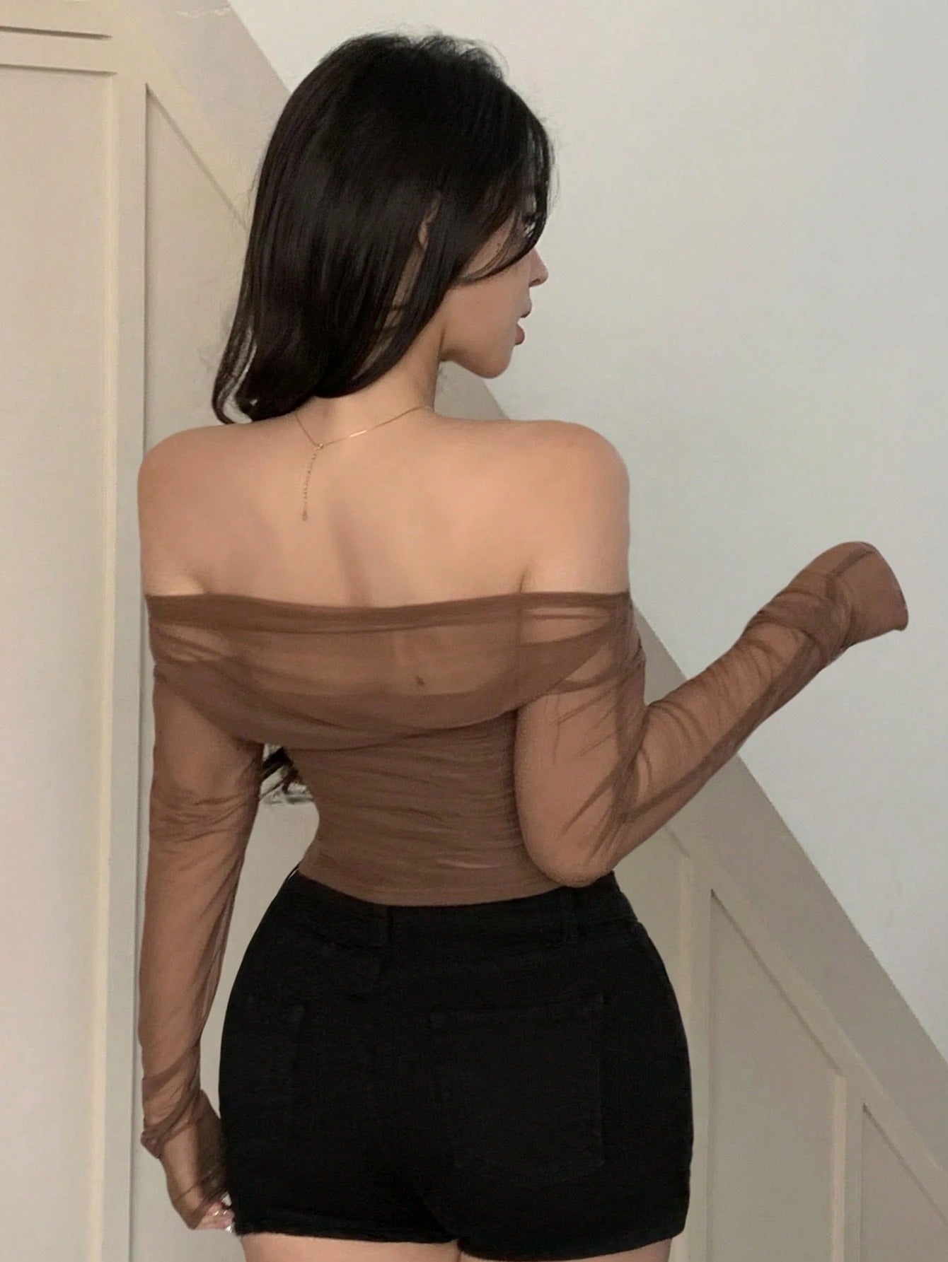 Mesh Sheer Off-Shoulder Crop