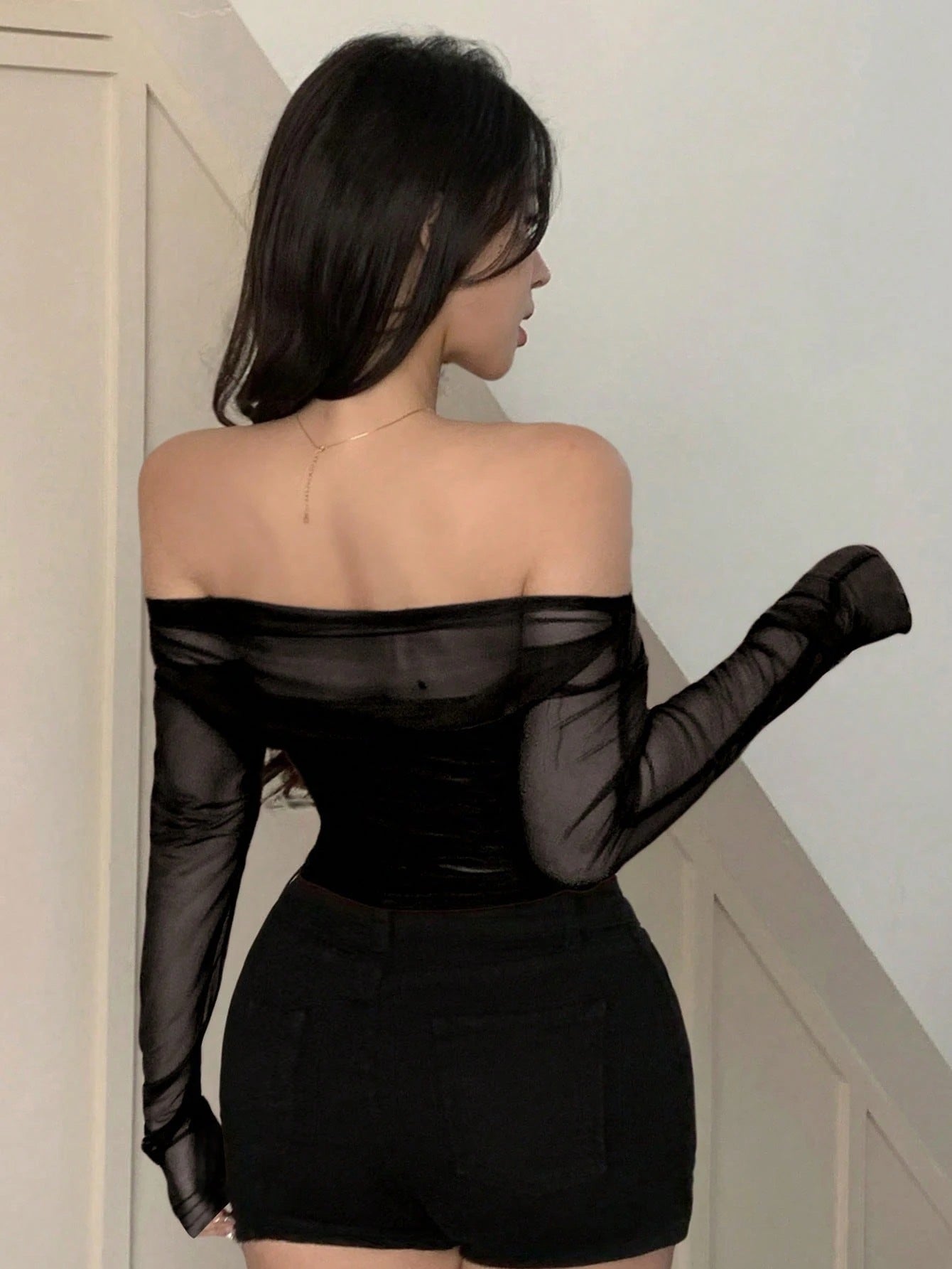 Mesh Sheer Off-Shoulder Crop