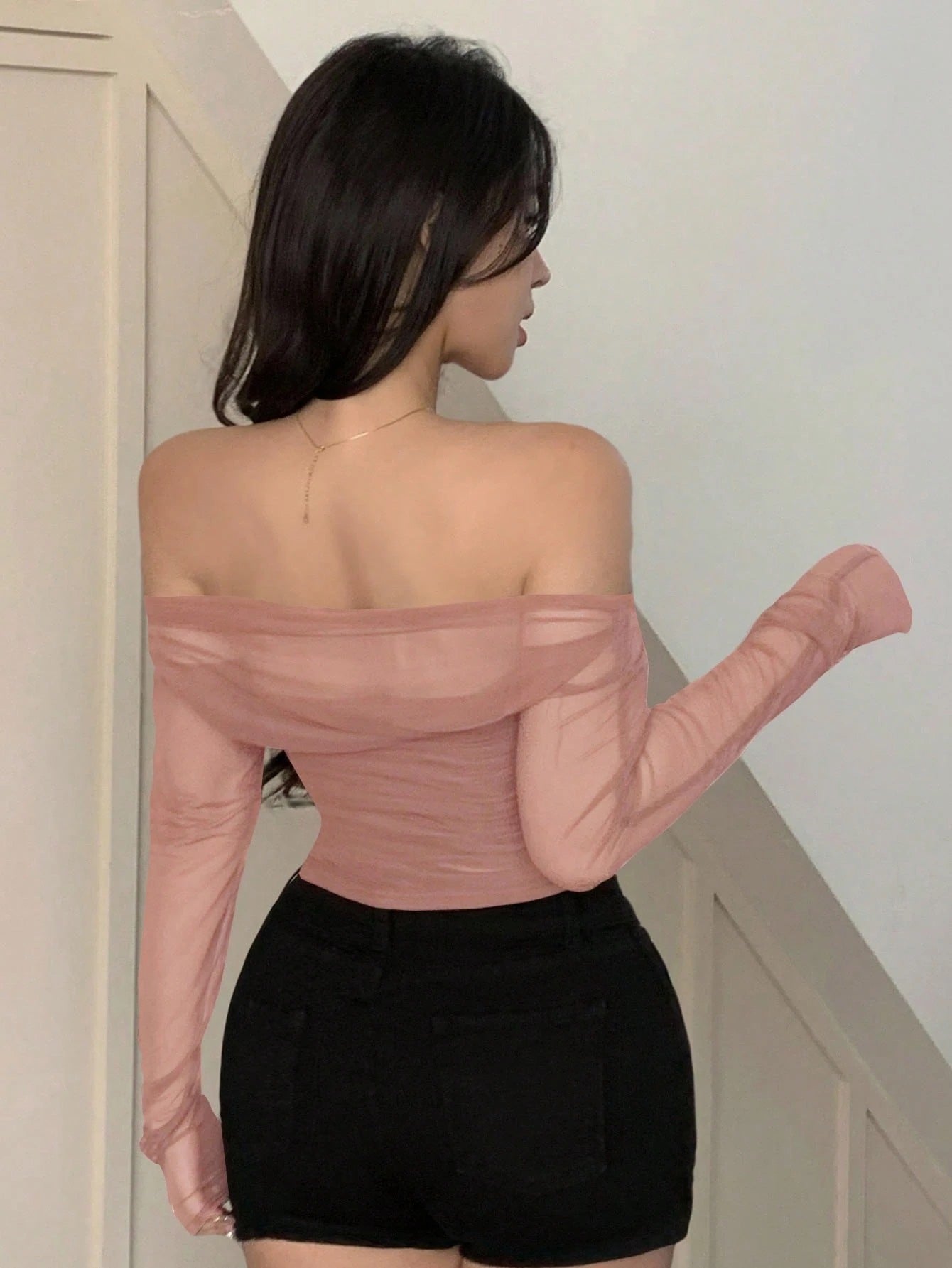 Mesh Sheer Off-Shoulder Crop