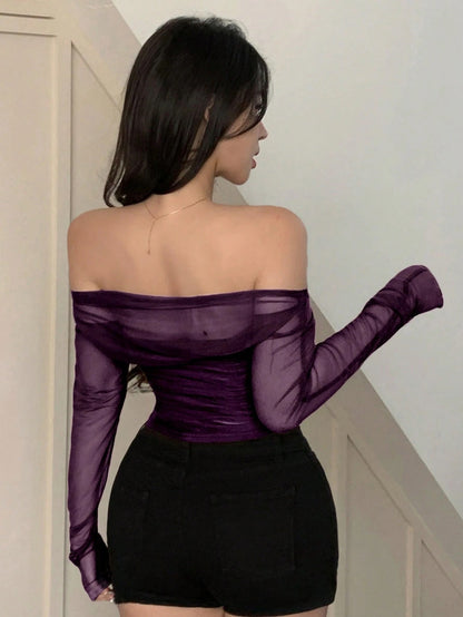 Mesh Sheer Off-Shoulder Crop