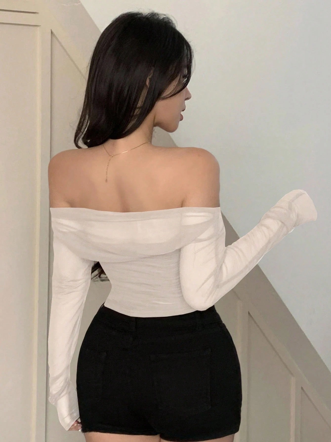 Mesh Sheer Off-Shoulder Crop