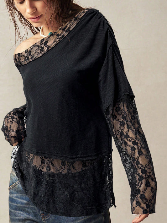 Asymmetrical Neck Knit Top | Casual Long Sleeve Loose Fit Solid Color Tee