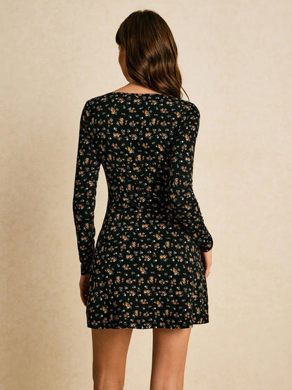 Black Floral V-Neck Mini Dress with Long Sleeves | Daisy Print A-Line Casual Elegant Dress