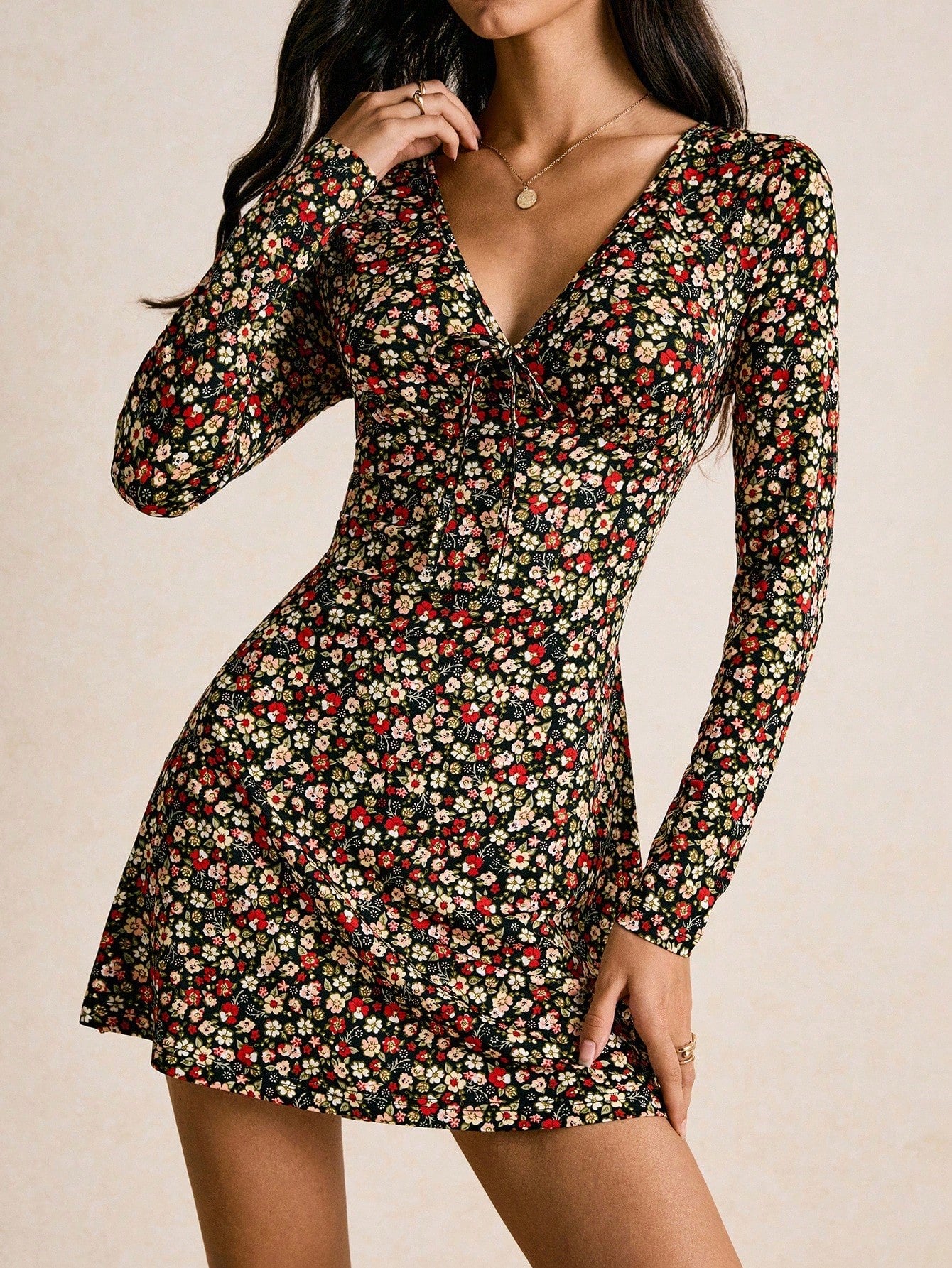 Vintage Floral V-Neck Mini Dress with Long Sleeves & Tie-Front | Boho Skater Fall Dress