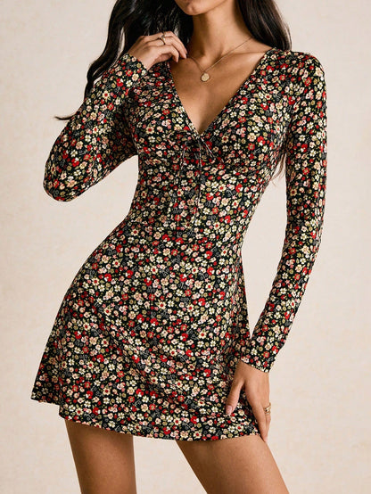 Vintage Floral V-Neck Mini Dress with Long Sleeves & Tie-Front | Boho Skater Fall Dress
