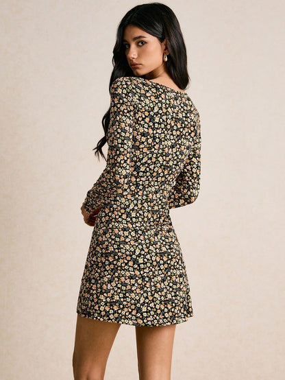 Vintage Floral V-Neck Mini Dress with Long Sleeves & Tie-Front | Boho Skater Fall Dress