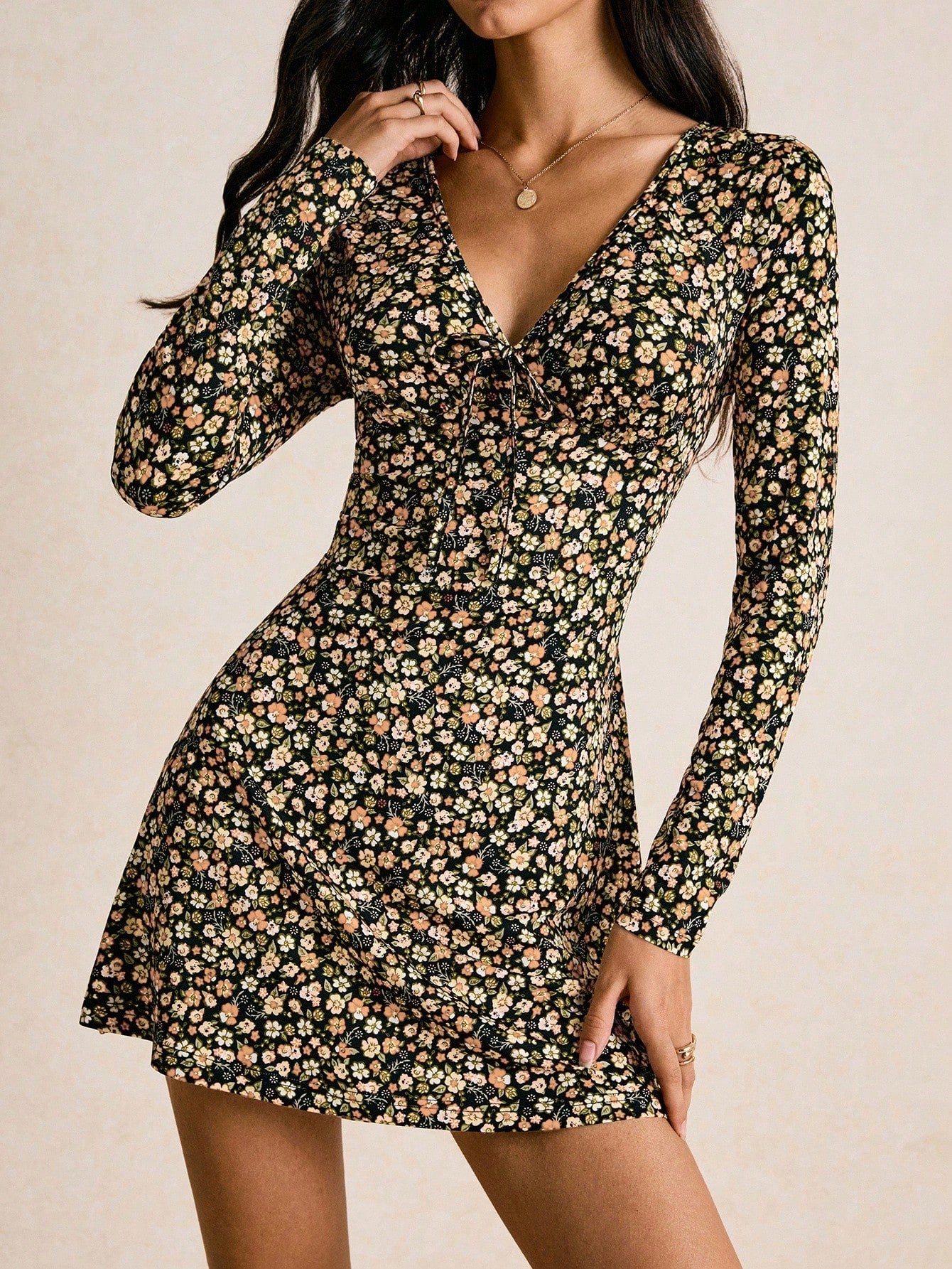 Vintage Floral V-Neck Mini Dress with Long Sleeves & Tie-Front | Boho Skater Fall Dress