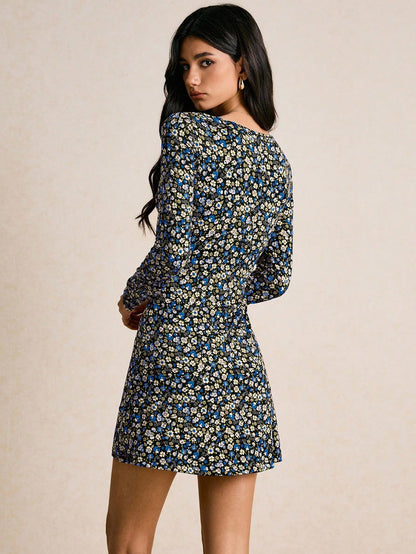 Vintage Floral V-Neck Mini Dress with Long Sleeves & Tie-Front | Boho Skater Fall Dress